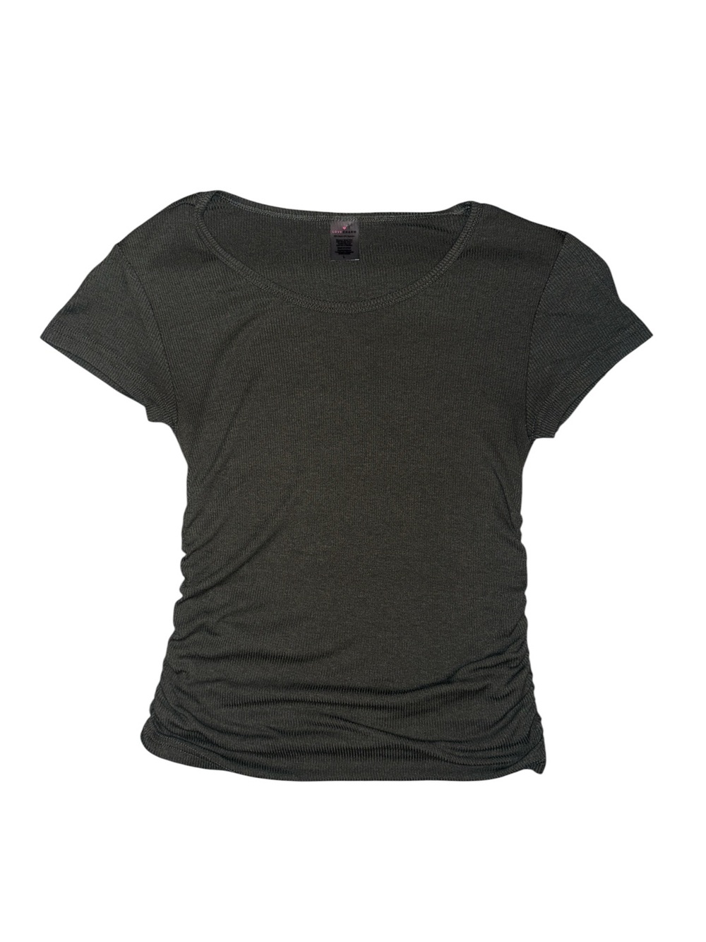 Love Charm Short Sleeve Scoop Neck Ribbed Tee with Side Ruching In Dark Green